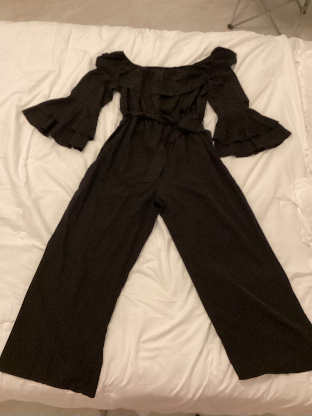 SHEIN Black Off-Shoulder Ruffle Wide-Leg Jumpsuit